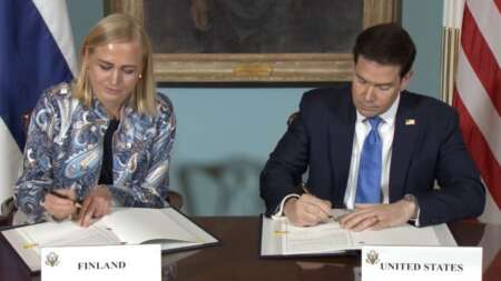 Secretary of State Marco Rubio and Finnish Foreign Minister Elina Valtonen sign technology and critical minerals agreements.